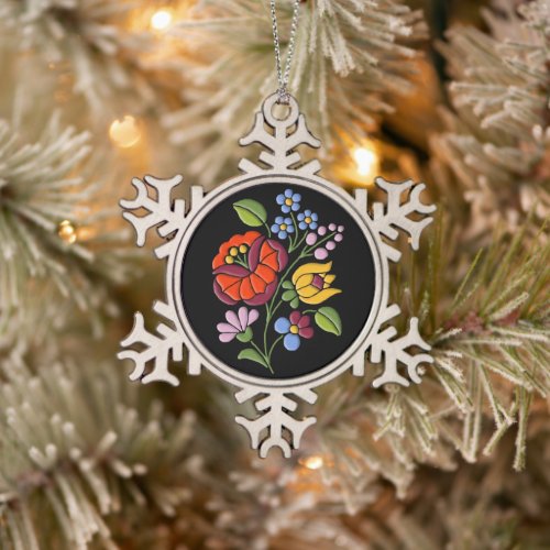 Kalocsai Embroidery _ Hungarian Folk Art black Snowflake Pewter Christmas Ornament