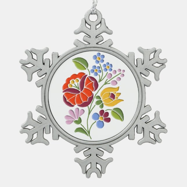 Kalocsai Embroidery - Hungarian Folk Art Snowflake Pewter Christmas Ornament (Front)