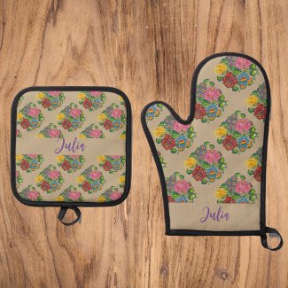 Kalocsai floral- add name  oven mitt & pot hol