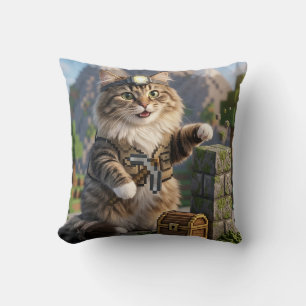 KAM KAM The Voxel Explorer Realistic Gamer Cat Art Throw Pillow