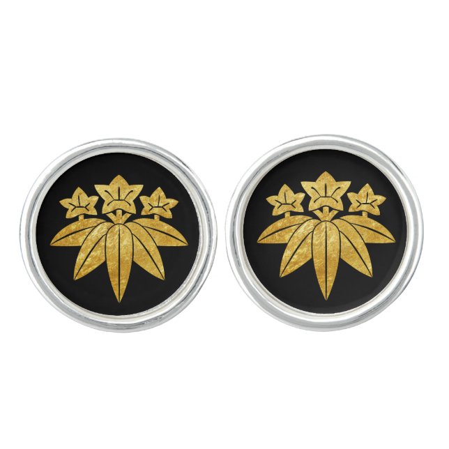 Kamakura Minamoto Mon Japanese clan gold on black Cufflinks (Front)