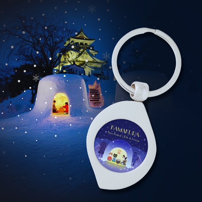 Kamakura Snow Globe: Japan Winter Tradition Keychain (Edo-Neko's Snowy Celebration Metal Keychain)