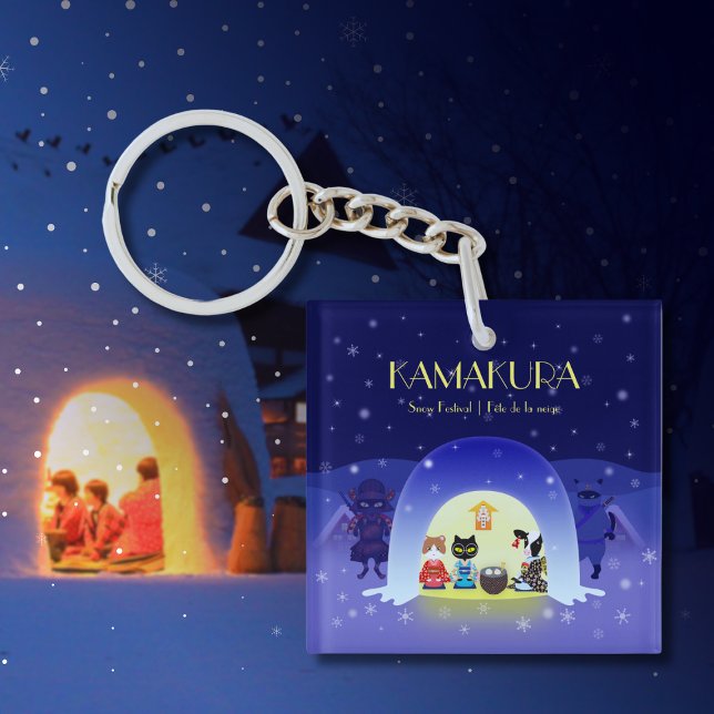 Kamakura Snow Globe: Japan Winter Tradition Keychain (Edo-Neko's Snowy Celebration Square Keychain)