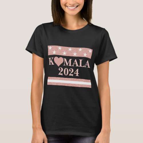 KAMALA 2024 Pink Glitter Heart on Black T_Shirt