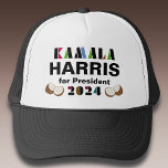 Kamala Coconut Trucker Hat<br><div class="desc">Stand up and speak out with this trucker hat supporting Kamala Harris campaign for President. Features colorful stylized stencil lettering and coconut graphic accents. Your choice of color styles</div>