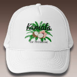 Kamala for President Coconut Trucker Hat<br><div class="desc">Stand out with this colorful graphic hat supporting Kamala Harris campaign for President. Features bold black script lettering and floral and coconut graphic accents with a feminine flair. Your choice of hat colors.</div>