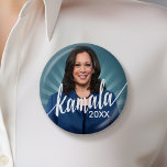 Kamala Harris 2024 - blue teal with script name Button<br><div class="desc">A beautiful design for the Vice President of the United States - Kamala Harris. A non-traditional design with a photo of Kamala Harris and teal ray background.</div>