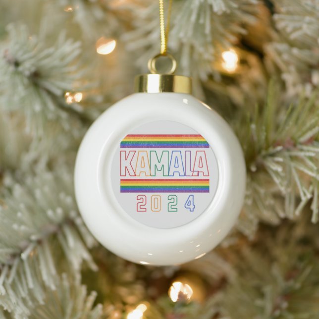 Kamala Harris 2024 Rainbow LGBTQ Retro Ceramic Ball Christmas Ornament (Tree)