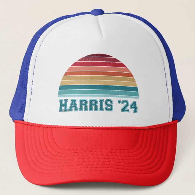 Kamala Harris 2024 Retro Sunset Vintage Trucker Hat (Front)