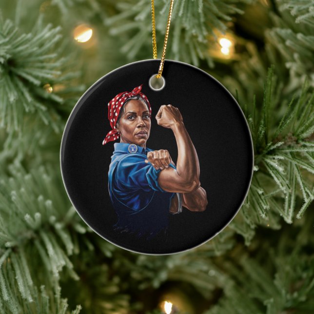 Kamala Harris 2024 Rosie The Riveter Childless Cat Ceramic Ornament (Tree)