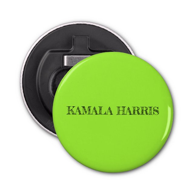 Kamala Harris Button Bottle Opener in Lime Green (Front)