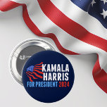 Kamala Harris for President 2024 Dark Blue Button<br><div class="desc">Kamala Harris for President 2024 Election navy blue button with waving American flag. Cute red,  white,  and blue design for a patriotic democrat voting in the presidential election.</div>