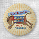 Kamala Harris for President 2024 Democrat Donkey Button<br><div class="desc">Vote for Kamala Harris - 2024 President : Democrat donkey political election design : kicking donkey waving a flag with stripes and a star : 2024 Presidential election : campaign merchandise for Democrats : politics : political gear : United States of America : candidates</div>