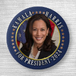 Kamala Harris for President 2024 Democrat Photo Button<br><div class="desc">Kamala Harris for President 2024 political button with Harris's photograph in the center in front of an American flag | Political election gear for Democrats | campaign merchandise for United States 2024 election | Check out more Harris merch here: https://www.zazzle.com/collections/119162550730853893</div>