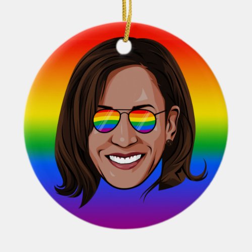 Kamala Harris _ Head with Aviators Rainbow Ceramic Ornament