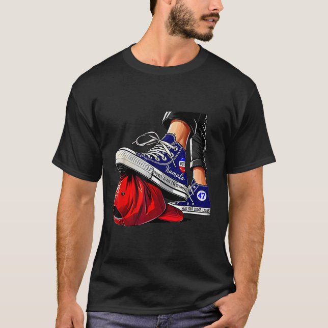 Kamala Harris High Heels Stepping On Red Hat  T-Shirt (Front)