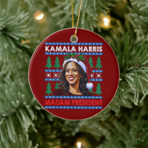 Kamala Harris Madam President Christmas Santa Hat Ceramic Ornament