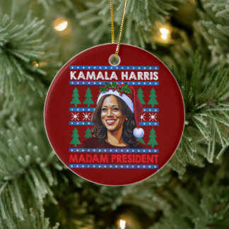 Kamala Harris Madam President Christmas Santa Hat Ceramic Ornament