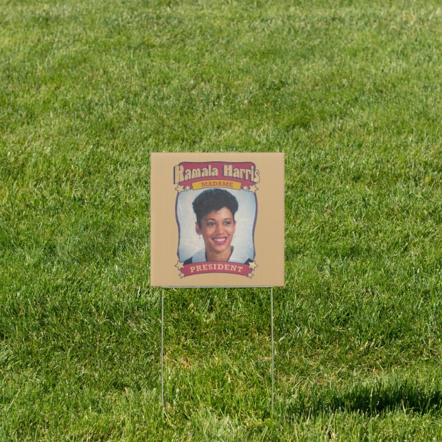 Kamala Harris Madame President Retro Card Sign (Insitu)
