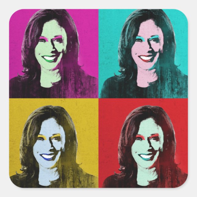Kamala Harris Pop Art (Pink, Teal, Gold, Red) Square Sticker (Front)