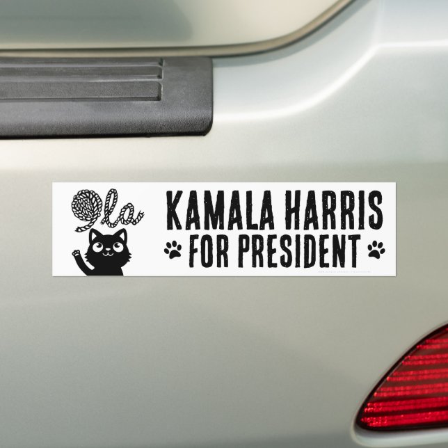 Kamala Harris President 2024 Comma La Cat and Yarn Bumper Sticker (On Car)