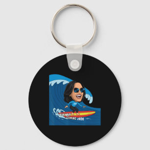 Kamala Harris Riding Surfboard On A Blue Wave Keychain