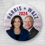 Kamala Harris Tim Walz 2024 President Vice Photos Button<br><div class="desc">This design says,  "Kamala Harris / Tim Walz 2024" and includes a photograph of Kamala Harris and Tim Walz in front of an American flag pattern | Political election gear for Democrats | United States campaign merchandise | Check out more Harris merch here: https://www.zazzle.com/store/politicaltheatre/products?dp=252536702459719117&cg=196747433535254757&ps=204</div>