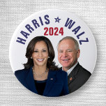 Kamala Harris Tim Walz 2024 President Vice Photos Button<br><div class="desc">This design says,  "Kamala Harris / Tim Walz 2024" and includes a photograph of Kamala Harris and Tim Walz | Political election gear for Democrats | United States campaign merchandise | Check out more Harris merch here: https://www.zazzle.com/store/politicaltheatre/products?dp=252536702459719117&cg=196747433535254757&ps=204</div>