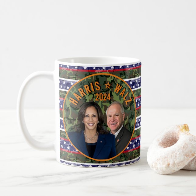 Kamala Harris Tim Walz President Vice Photos Camo Coffee Mug (With Donut)