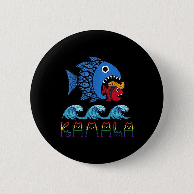 Kamala Over Trump Blue Wave Big Fish Eats Small Fi Button (Front)