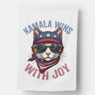 Kamala Wins with Joy Harris Walz Cat lady Election House Flag