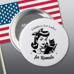 Kamala's Childless Cat Ladies Pin<br><div class="desc">Clap back with this cat lady pin-back button supporting Kamala Harris campaign for President. Features a retro style image of a smiling woman and cat with text caption "Childless Cat Ladies for Kamala",  which is editable.  Your choice of two styles and sizes in the drop-down menus.</div>