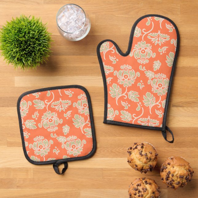 Kamaole Hawaiian Protea Tropical Floral Papaya Oven Mitt & Pot Holder Set (Top Down)
