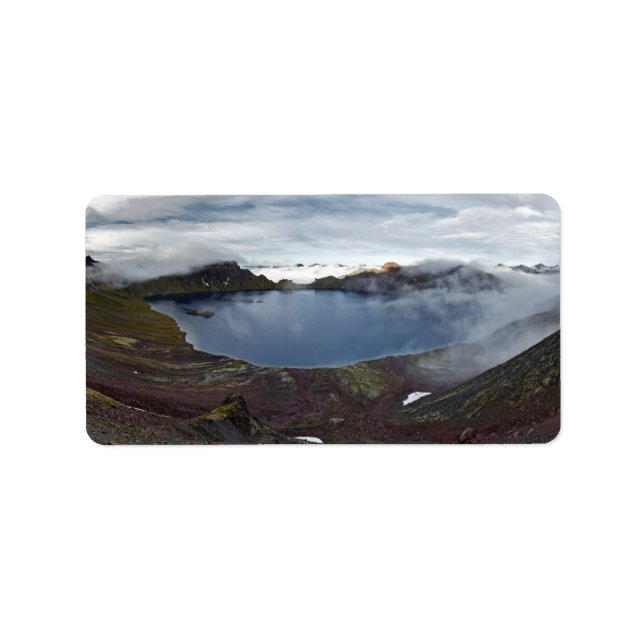 Kamchatka panorama view of crater lake of volcano label (Front)