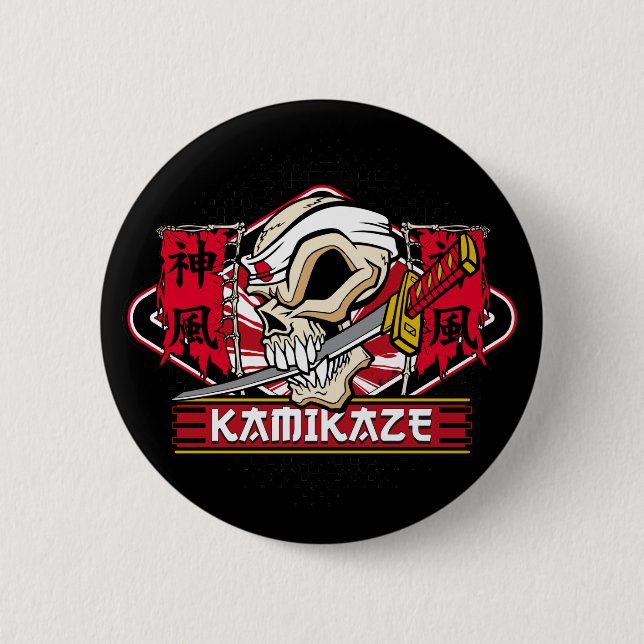Kamikaze Skull With Japanese Sword Button (Front)