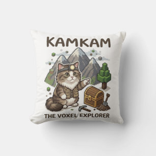 KAMKAM The Voxel Explorer Funny Gamer Cat PixelArt Throw Pillow