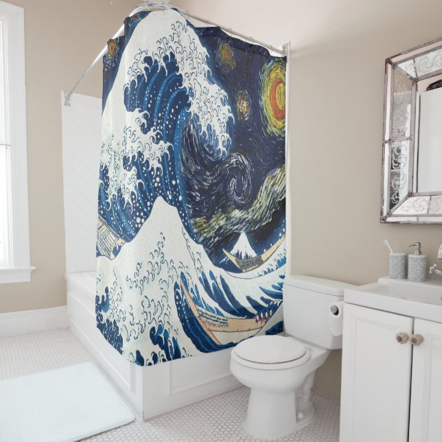 Kanagawa Waves, Japanese Art Pattern Shower Curtain (In Situ)