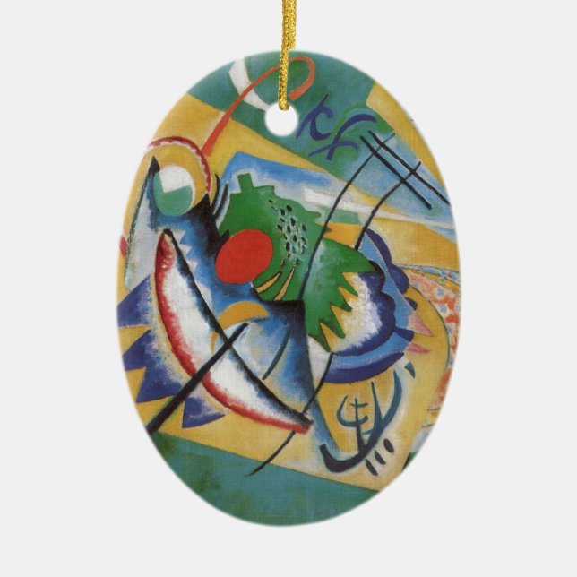 Kandinsky Red Oval Abstract Artwork Green Yellow Ceramic Ornament (Front)