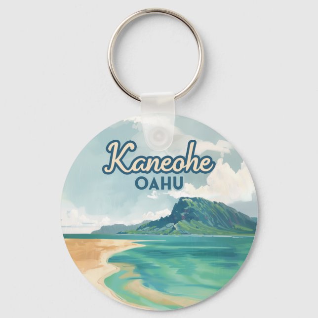 Kaneohe Sandbar Oahu Hawaii Retro Keychain (Front)