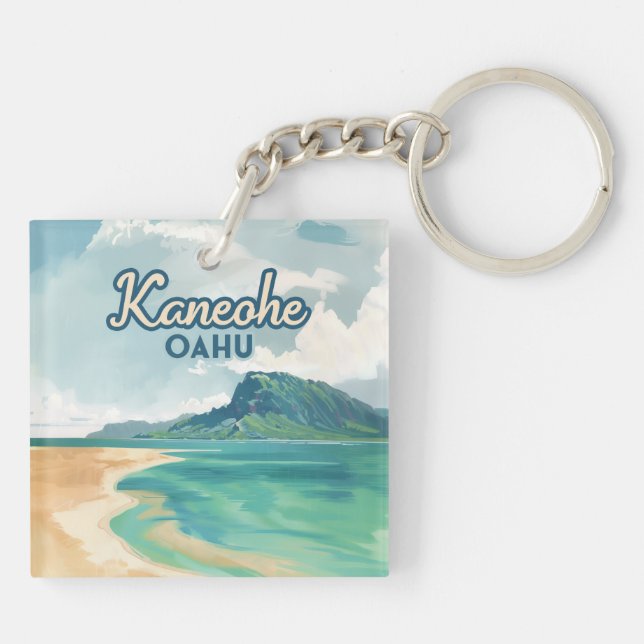Kaneohe Sandbar Oahu Hawaii Retro Keychain (Back)