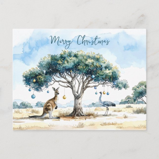 Kangaroo and Emu Gumtree Christmas Baubles Postcard (Front)