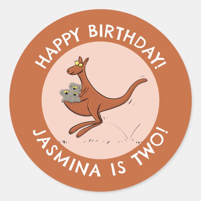 Kangaroo and koalas personalized cartoon birthday classic round sticker (Front)