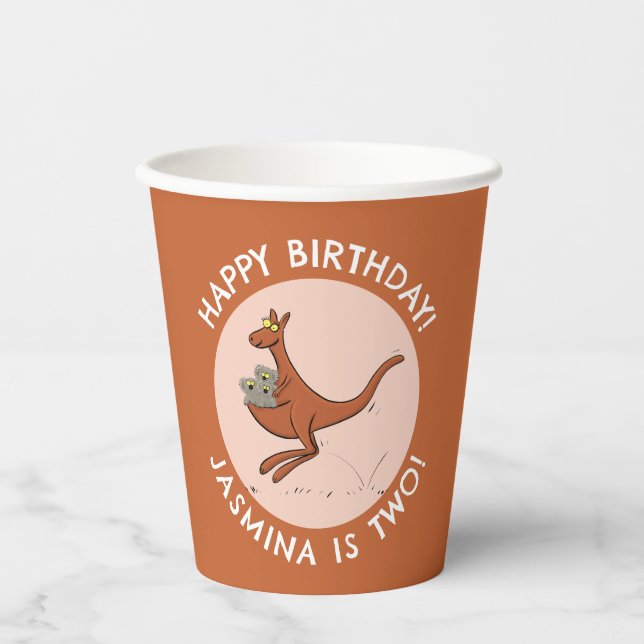 Kangaroo and koalas personalized cartoon birthday paper cups (Front)