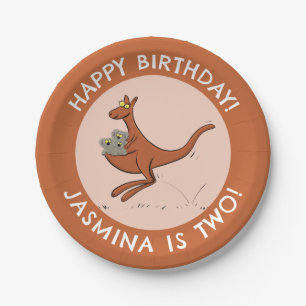 Kangaroo and koalas personalized cartoon birthday paper plates