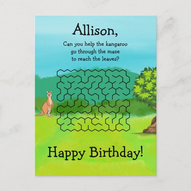 Kangaroo and Leaves Maze Birthday Postcards (Front)