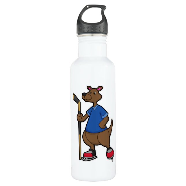 Kangaroo at Ice hockey with Ice hockey stick Stainless Steel Water Bottle (Front)