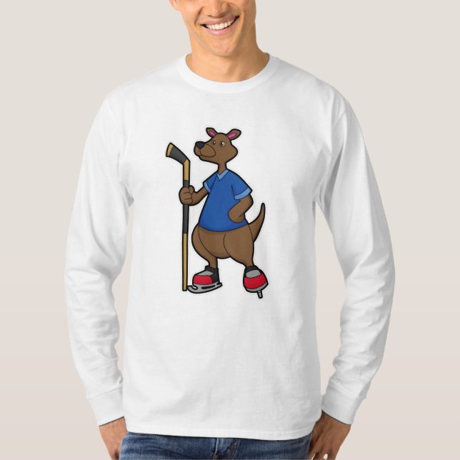 Kangaroo at Ice hockey with Ice hockey stick T-Shirt (Front)
