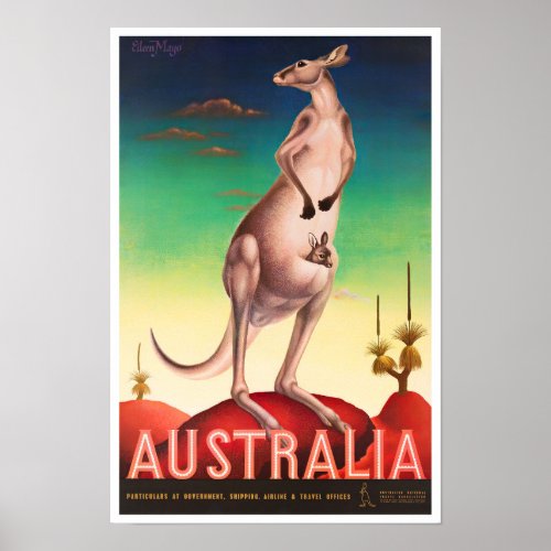 Kangaroo Australia vintage travel Poster