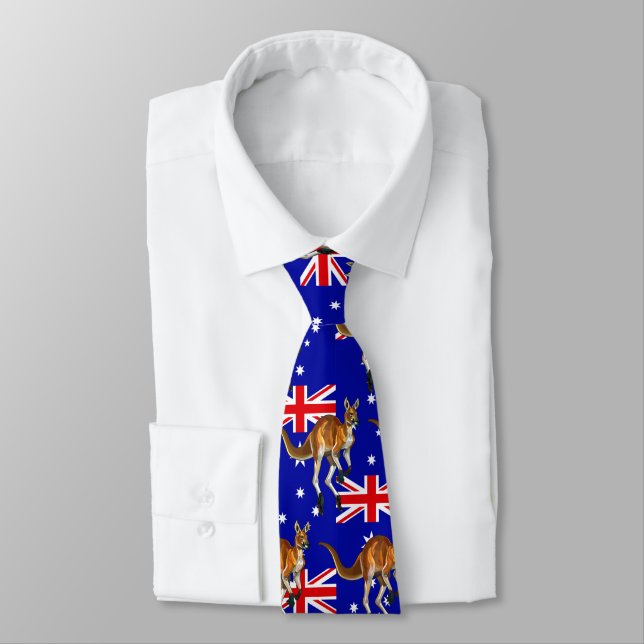 Kangaroo Australian Flag Pattern Neck Tie (Tied)
