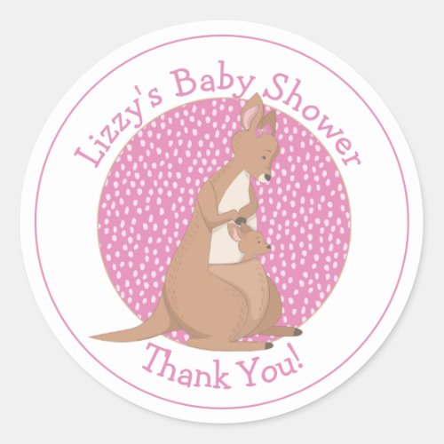 Kangaroo Baby Girl Shower Pink Thank You Classic Round Sticker